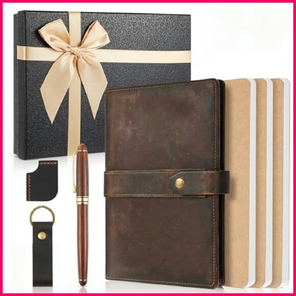 Refillable Genuine Leather Handmade Journal for Father Leather Journal Set Vintage Handmade Refillable Notebooks Pen Gift